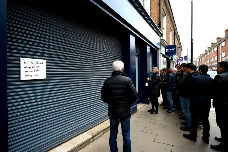 A closed bank with a queue of people outside