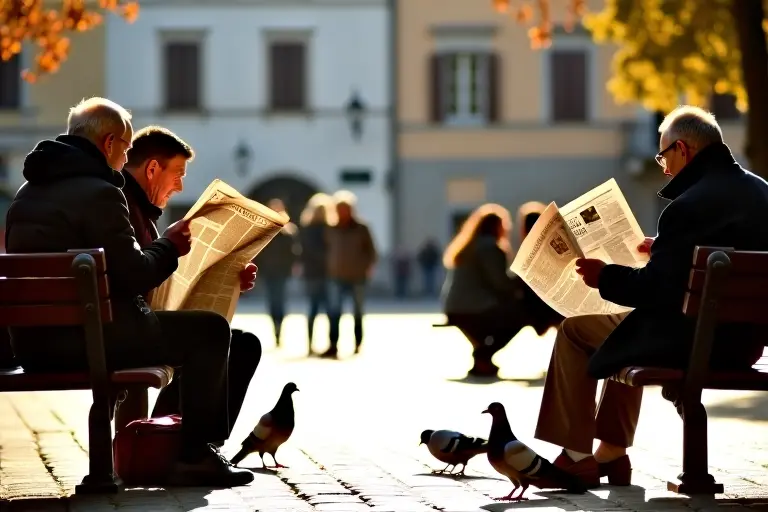 People gathered in a town square reading a physical newspaper