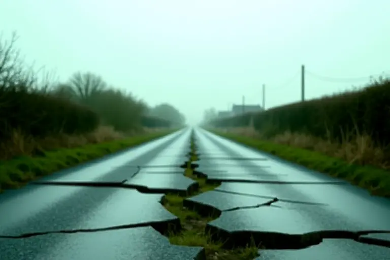 Overgrown road with cracked tarmac and weeds