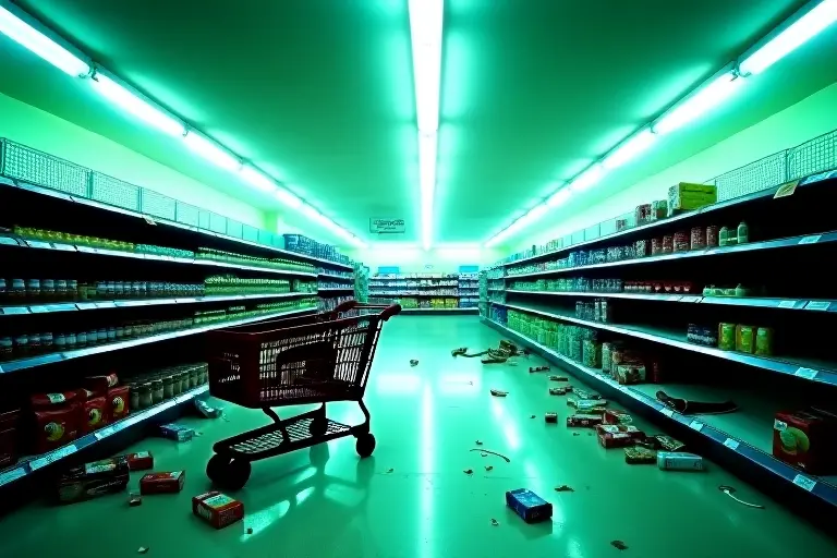 Empty supermarket aisle with scattered products