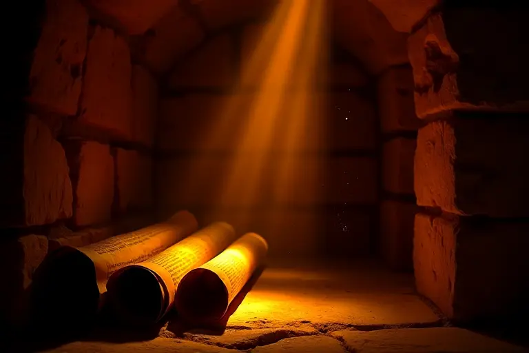 Ancient papyrus scrolls stacked on stone shelves
