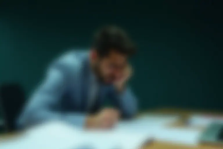 Person concentrating hard at a desk with visible strain