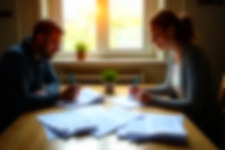 Two adults sitting at a kitchen table with paperwork between them