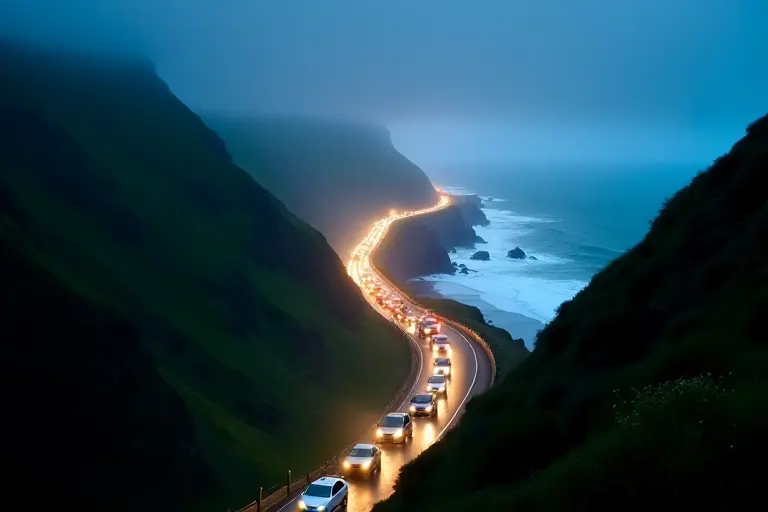 Narrow coastal road packed with cars during evacuation
