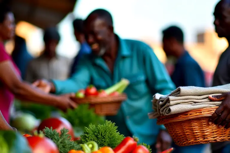 Local market with people trading goods directly