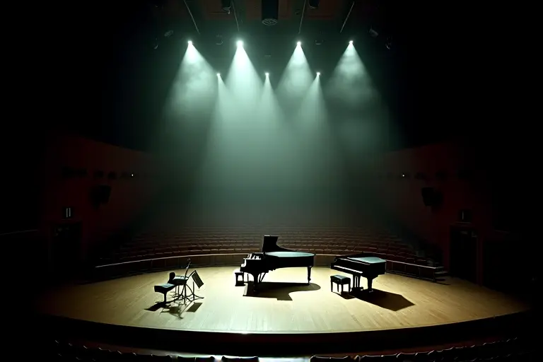 Empty concert hall with abandoned instruments