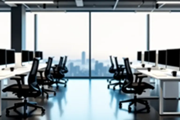 Empty office building with chairs pushed back from desks
