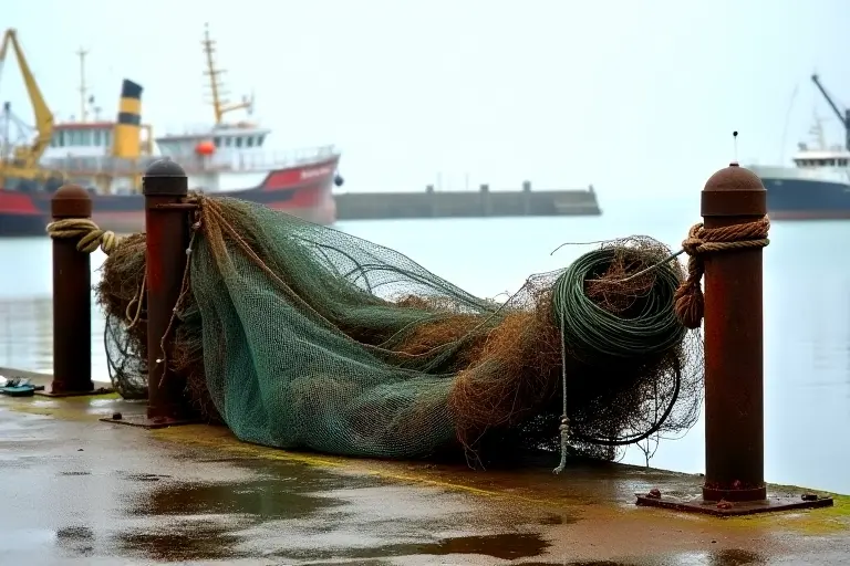Empty fishing nets on a dry dock
