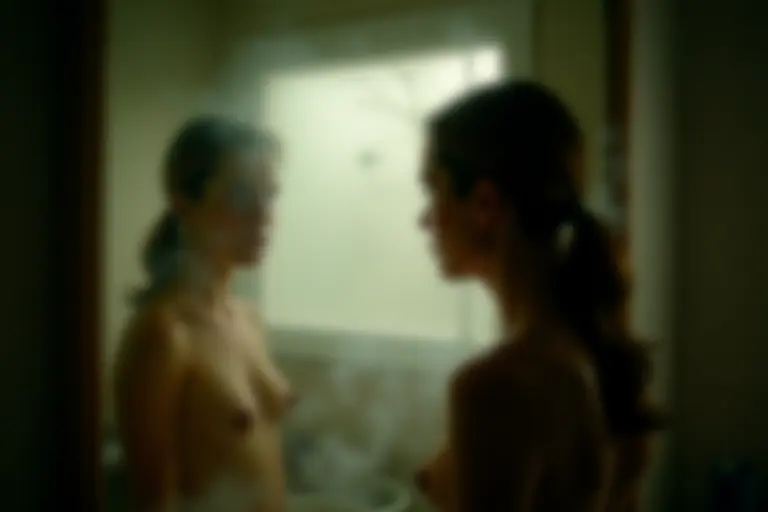 Person looking confused at their own reflection in a bathroom mirror