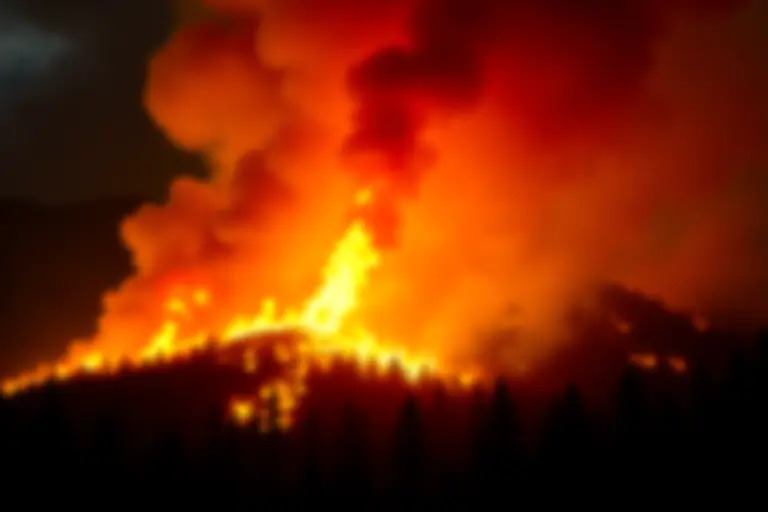 Wildfire burning intensely through green forest