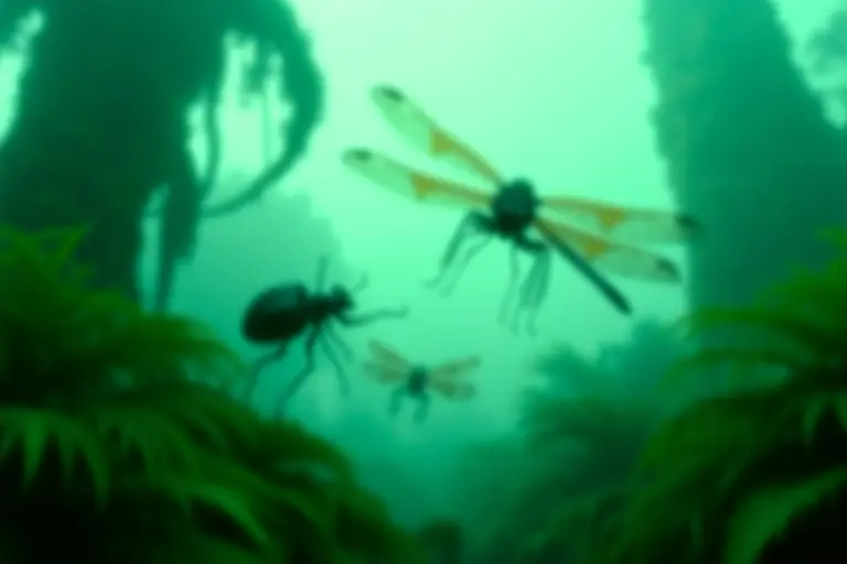 Giant insects in a misty prehistoric-looking forest