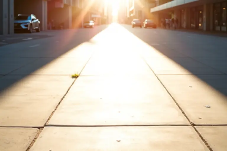 Harsh sunlight casting stark shadows on empty pavement