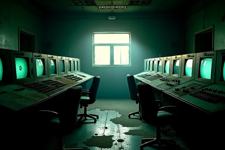 Abandoned power station control room with dark screens