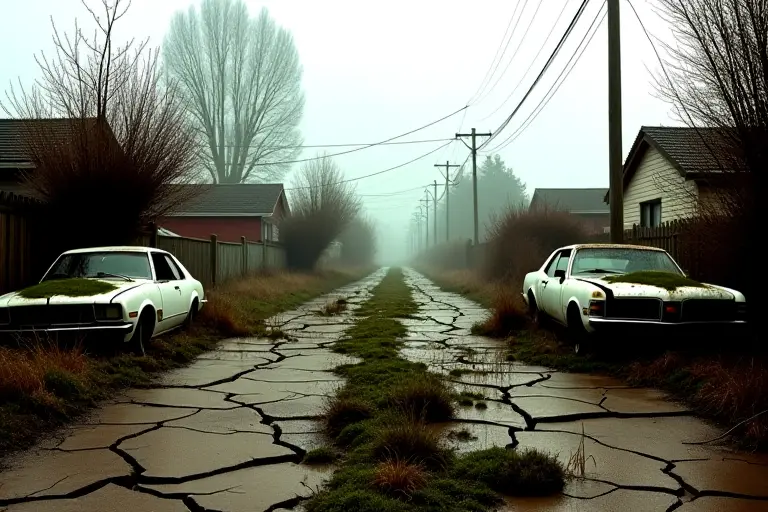 Overgrown suburban street with abandoned cars