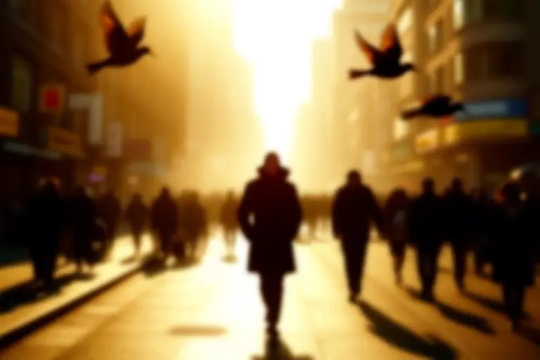 Lone person walking through a street of frozen people