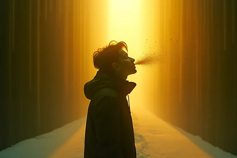Person standing in a frozen world unable to breathe