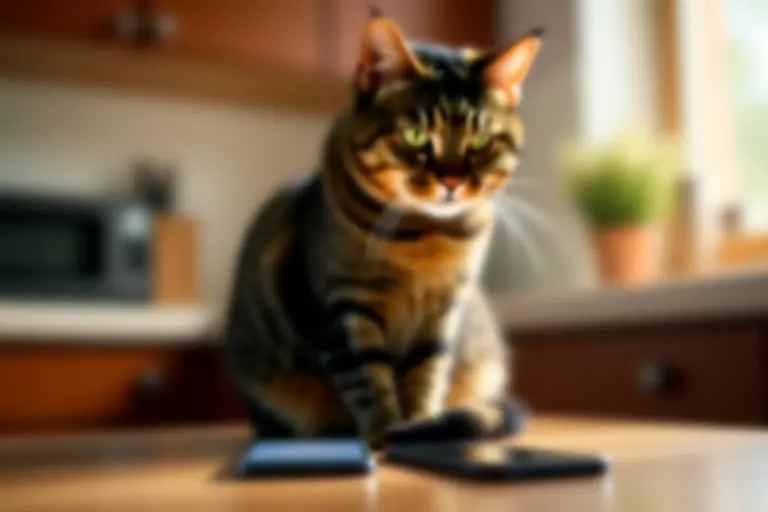 Cat sitting next to a phone with an unimpressed expression