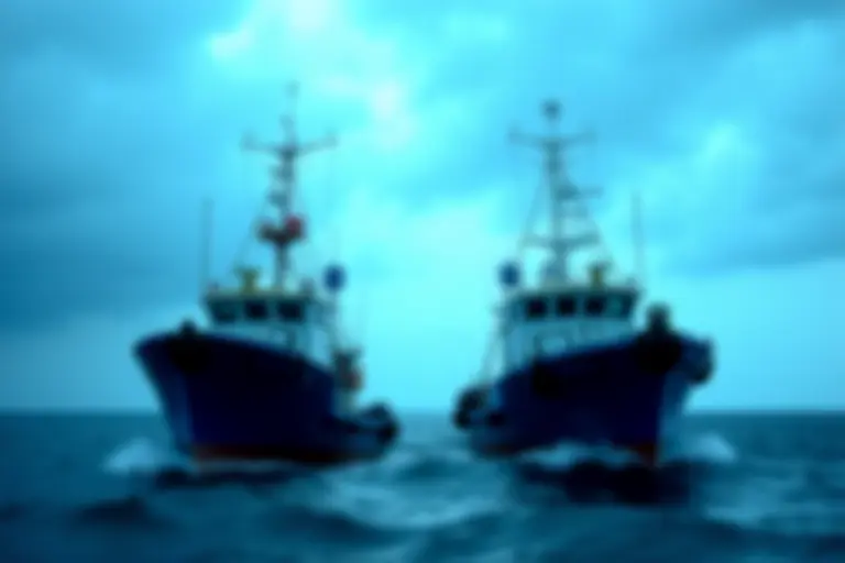 Two fishing vessels facing off on open ocean