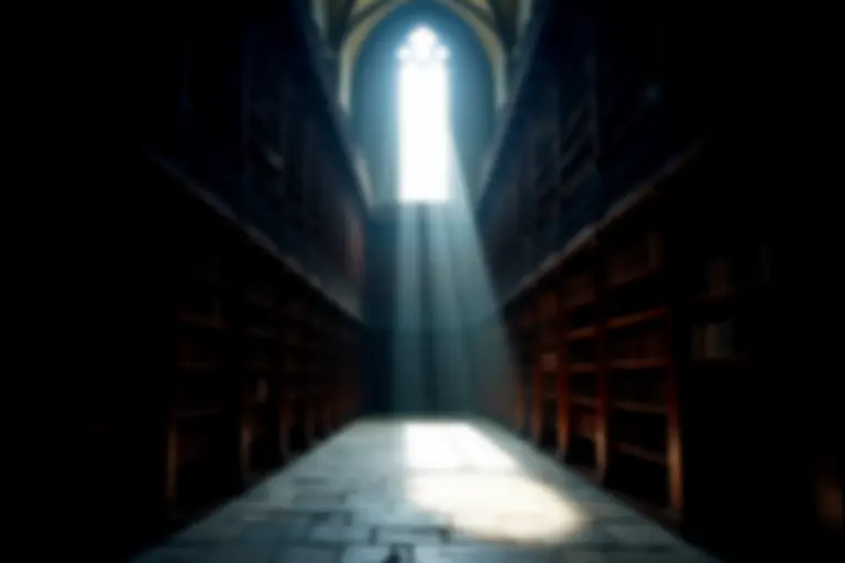 Empty shelves in a dark library hall