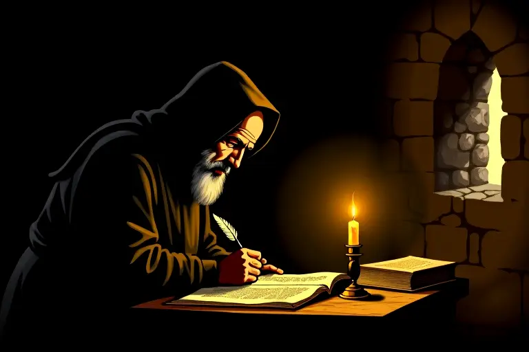 Monk writing at a desk by candlelight