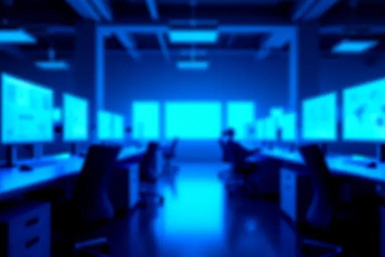 Empty office with monitors showing data