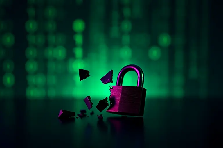 Shattered padlock superimposed on lines of digital code
