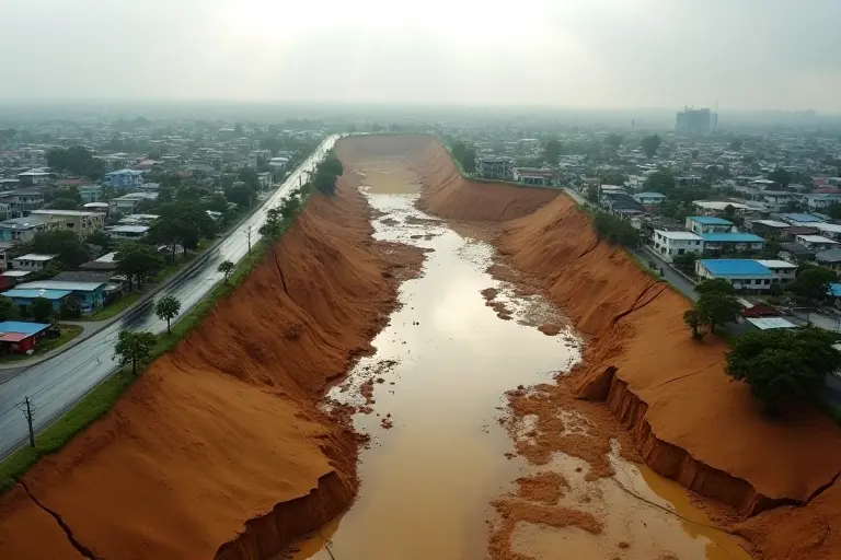 Aerial view of a city surrounded by unstable terrain