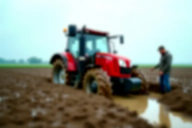 Tractor sinking into soft ground in a field