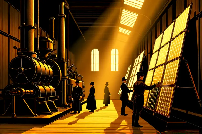 Solar panels alongside early industrial revolution steam engines