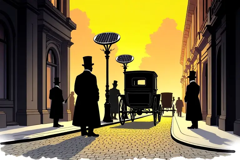 Early electric vehicles powered by solar charging stations in a Victorian city