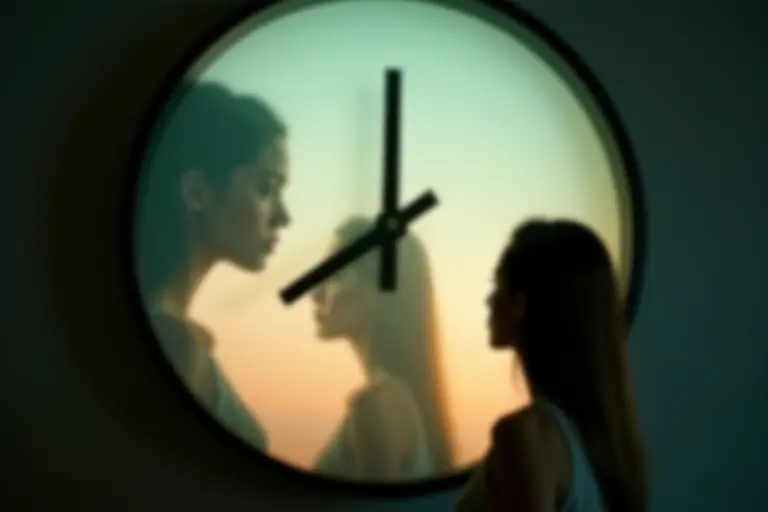 Person staring at a clock with multiple overlapping reflections