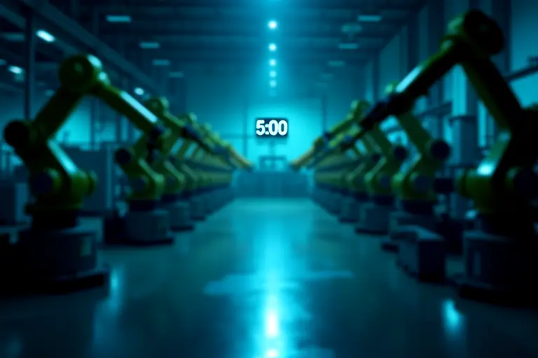 Empty factory floor with idle robot arms and a clock on the wall