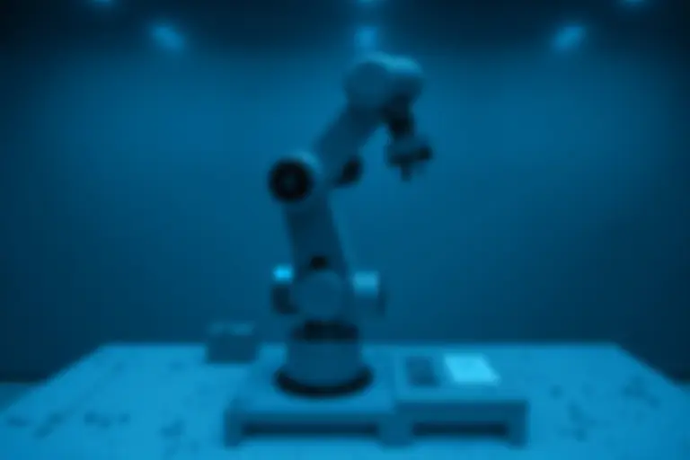 Factory robot arm with a small placard attached to its base