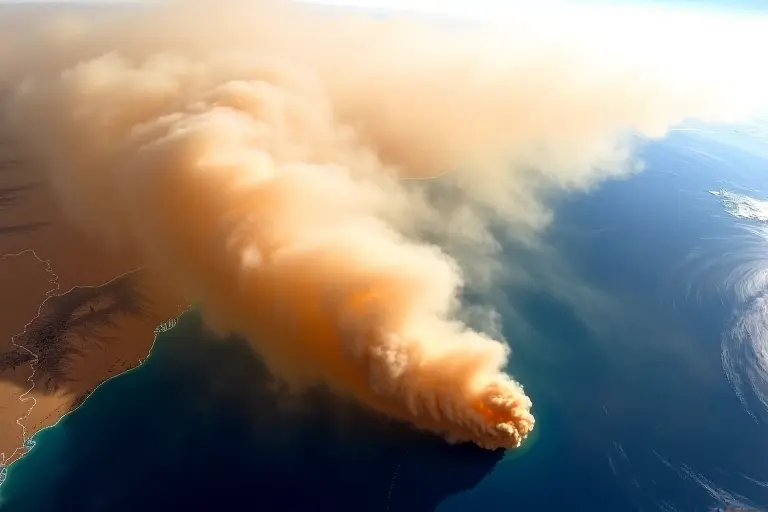 Dust cloud blowing off the coast of Africa over the Atlantic