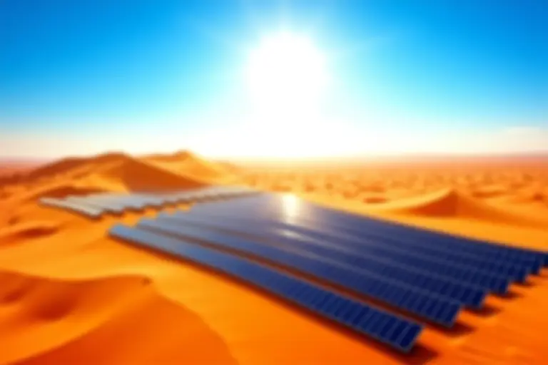 Vast solar panel arrays stretching across Saharan sand dunes