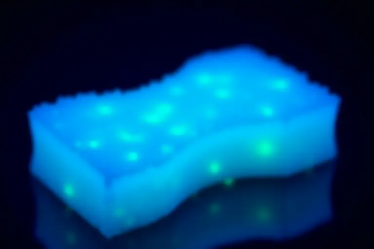 Close up of a kitchen sponge glowing with bioluminescent bacteria