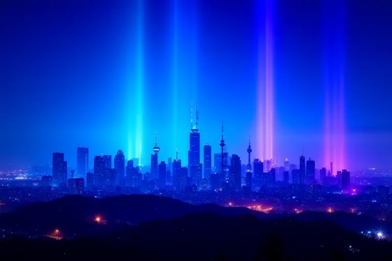 City skyline glowing with radio wave emissions from buildings and towers