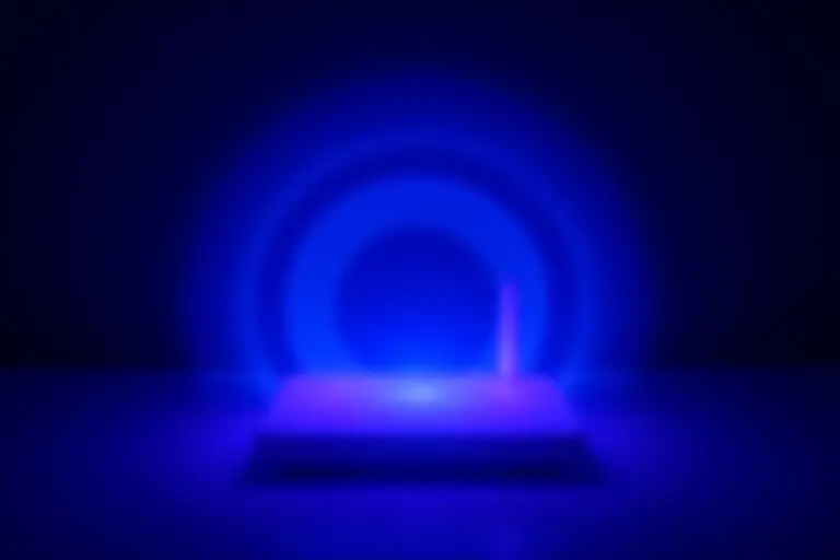 Wi-Fi router glowing with visible radio wave emissions