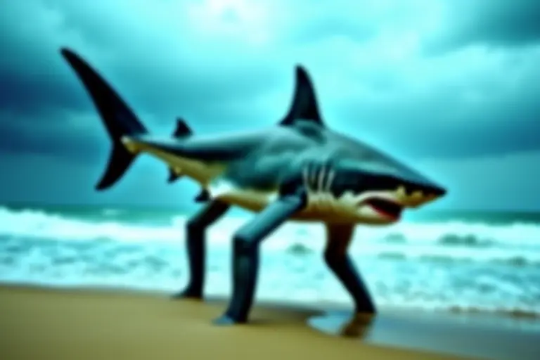 A great white shark standing on muscular legs on a beach