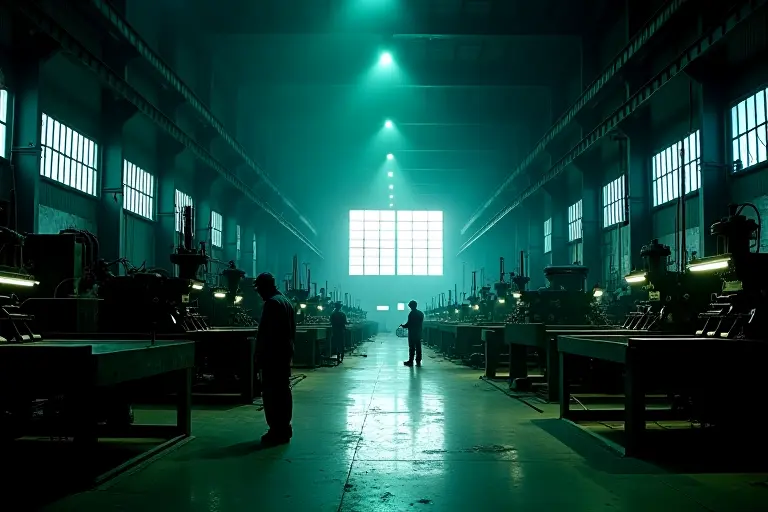Factory floor under harsh artificial lighting at night
