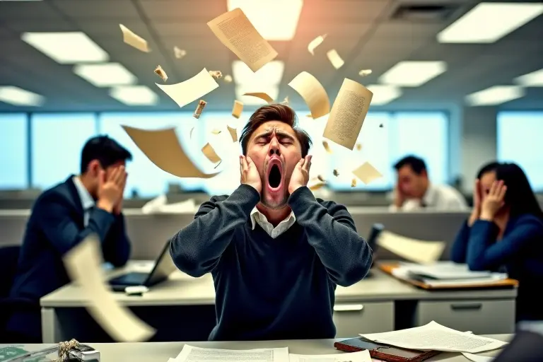 Person sneezing dramatically in an office cubicle