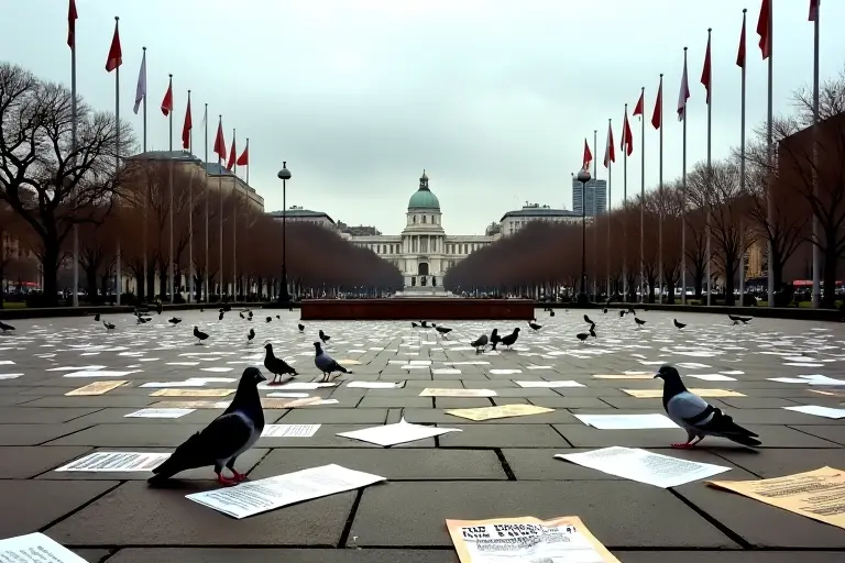 Empty protest square with scattered paper flyers