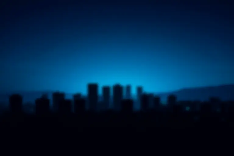 A darkened city skyline with no lights at night