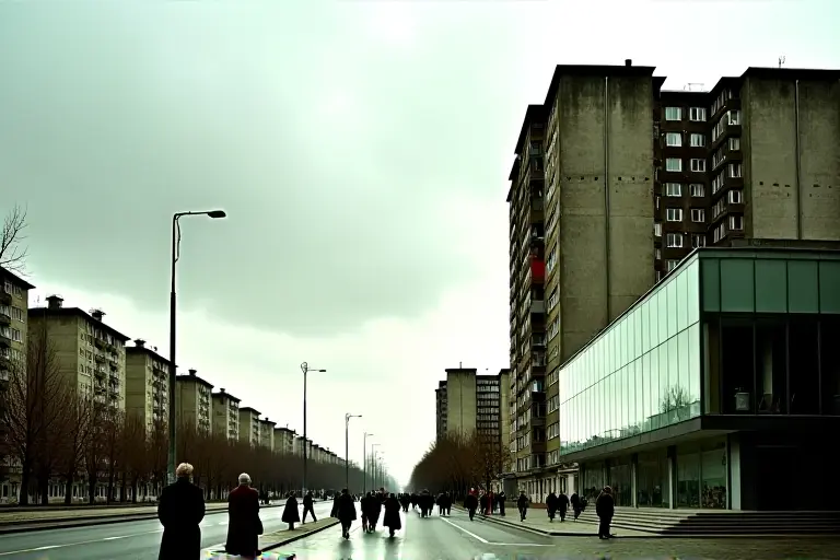 Soviet-era industrial buildings alongside modern commercial developments