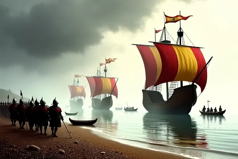 Spanish galleons landing troops on a misty English beach