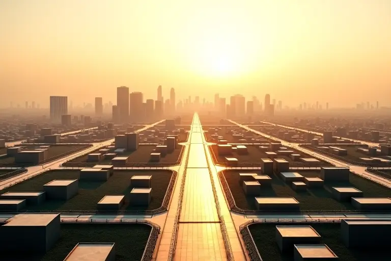 A vast single-storey cityscape stretching to the horizon