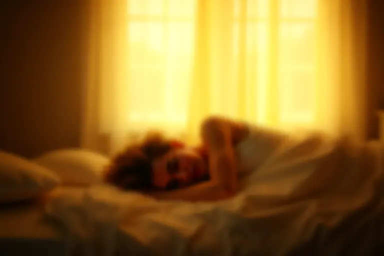 Person lying awake in a sunlit bedroom