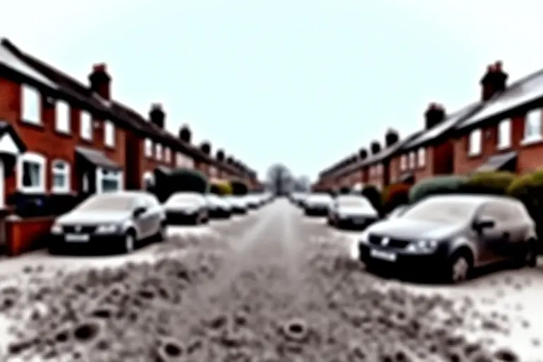 Thick volcanic ash covering a British suburban street