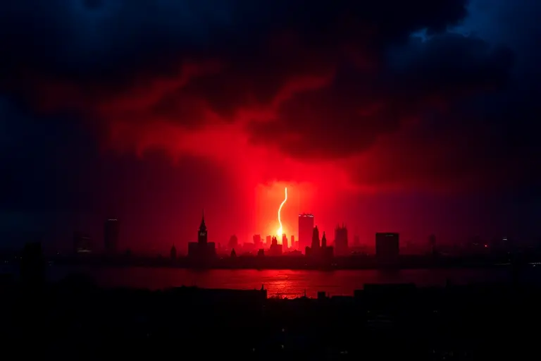 Ominous red glow beneath London skyline at night