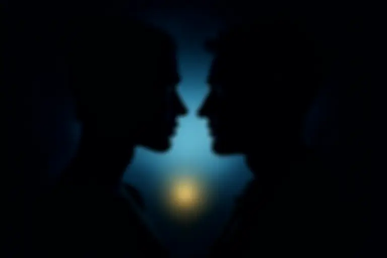 Two silhouettes facing each other with a faint glow between them